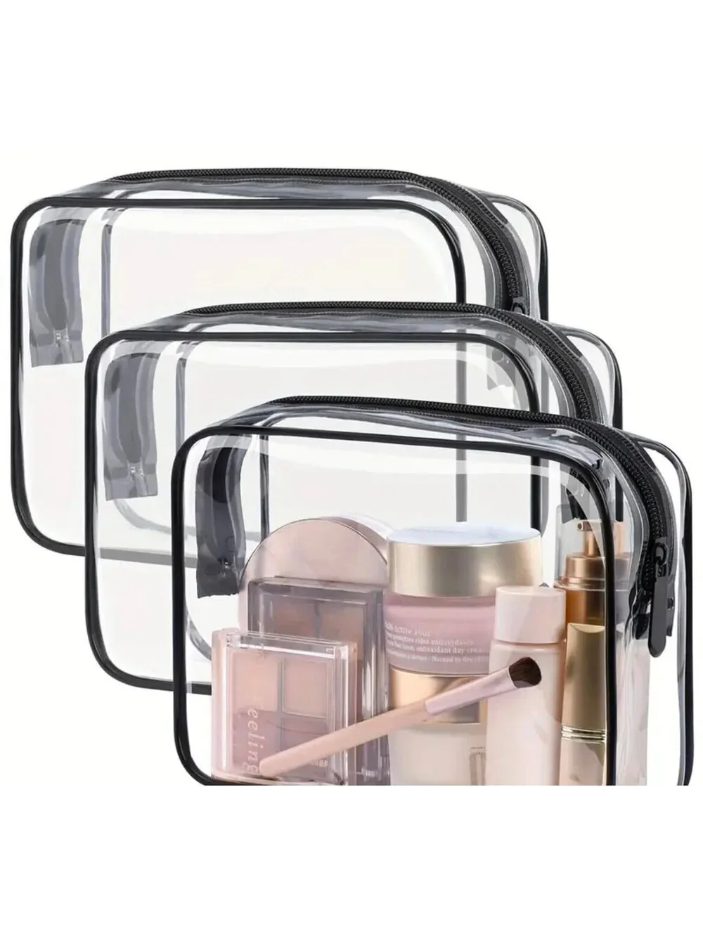 New - 2pcs Waterproof Transparent Toiletry Bag - Clear /Black Trim